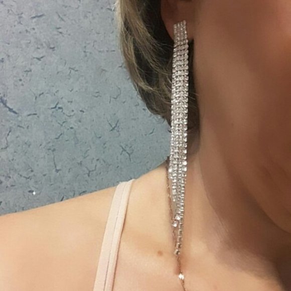 Silver Crystal Rhinestone Long Tassel Tassle Dangle Drop Earrings, Women Vintage - Picture 2 of 5